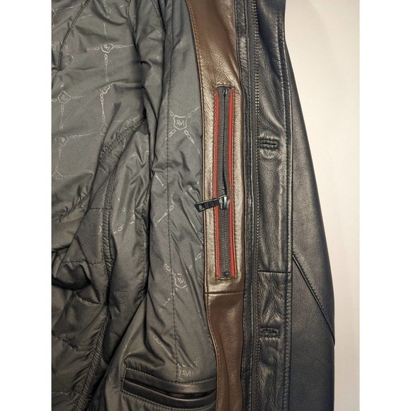 Andrew Marc Leather Coat Black Size XL Jacket Brown Contrasting Collar Pockets - Picture 5 of 9